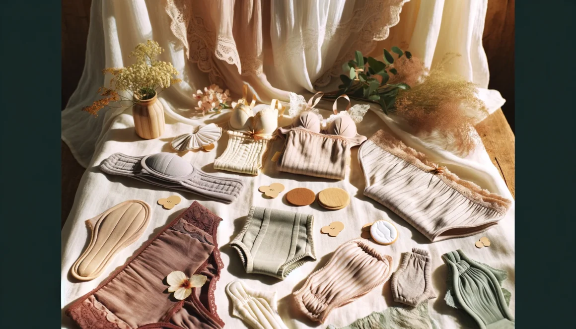 A-beautifully-curated-collection-of-eco-friendly-menstrual-lingerie-displayed-on-a-soft-natural-fabric-background.-The-scene-is-bright-and-inviting