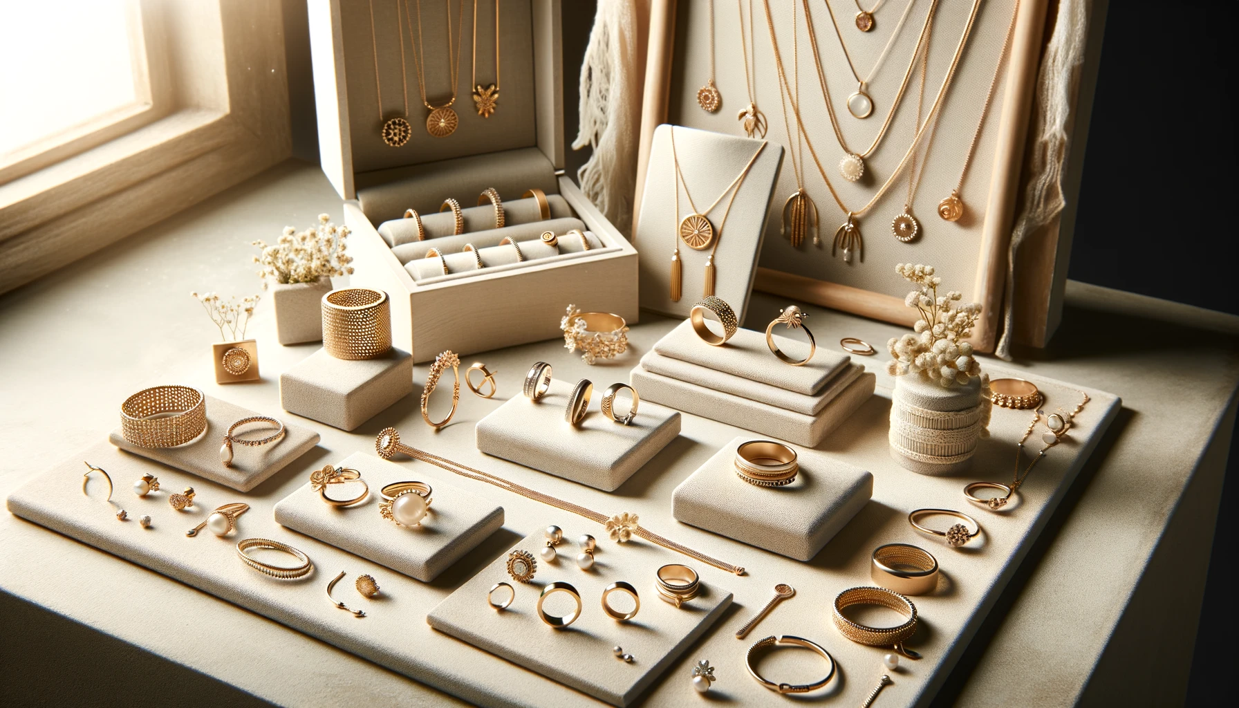 A-collection-of-eco-friendly-jewelry-including-rings-necklaces-bracelets-and-earrings-made-of-gold-and-silver-displayed-elegantly.
