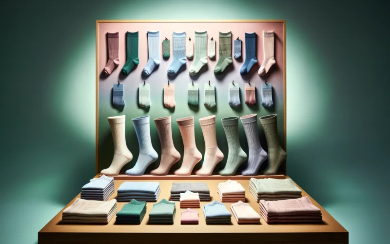 A-display-emphasizing-eco-friendly-socks-in-soft-gentle-colors-with-a-contrasting-background-to-make-the-socks-stand-out.-The-socks-made-from-susta.