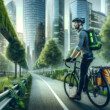 An-eco-conscious-male-cyclist-commuting-to-work-on-a-bicycle-path-surrounded-by-greenery-and-office-towers.-The-man-is-wearing-a-helmet-and-has-fluore