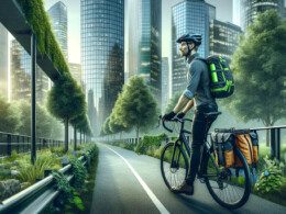 An-eco-conscious-male-cyclist-commuting-to-work-on-a-bicycle-path-surrounded-by-greenery-and-office-towers.-The-man-is-wearing-a-helmet-and-has-fluore