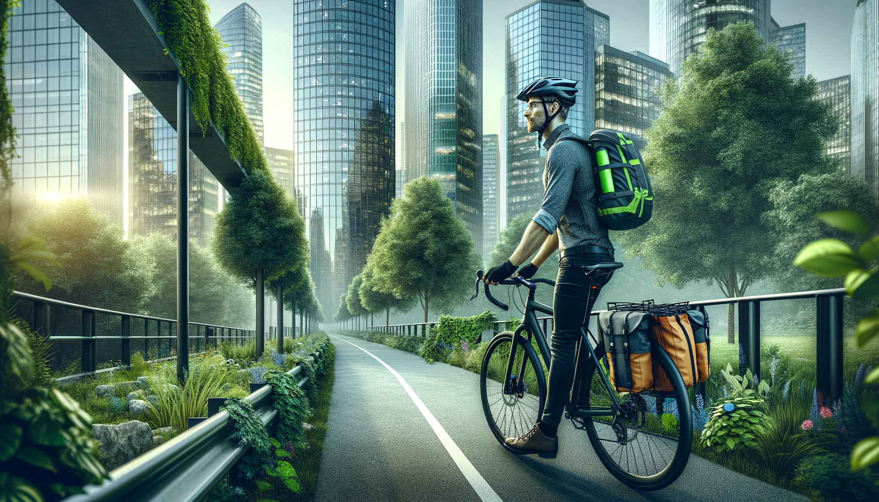 An-eco-conscious-male-cyclist-commuting-to-work-on-a-bicycle-path-surrounded-by-greenery-and-office-towers.-The-man-is-wearing-a-helmet-and-has-fluore