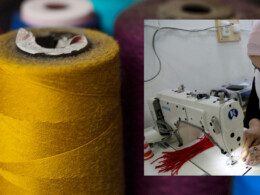 Des bobines de fils de différentes couleurs, avec une image d'une ouvrière du textile dans une usine marocaine. Elle coud une piece.