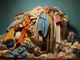 Une pile de vêtements de toutes les couleurs, en vrac sur un fond sombre.