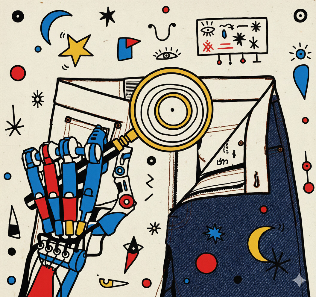 main-de-robot-avec-une-loupe-observe-un-jean