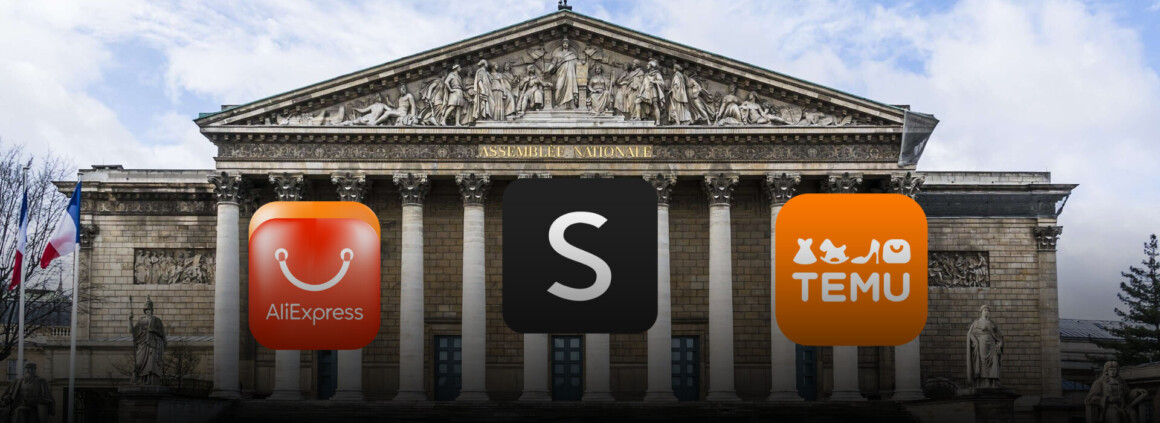 La facade du parlement à Paris, avec les logos de Temu, Shein et AliExpress