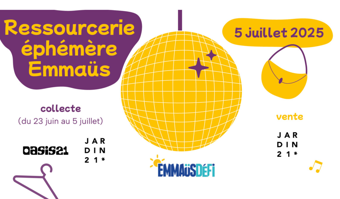 Emmaüs-Défi-Affiche-collecte-vente-solidaire-jaune-et-violet