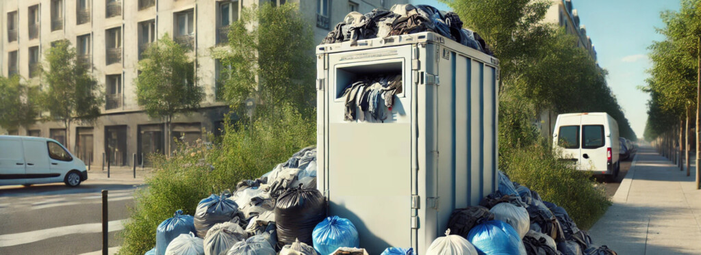a container that usually in France receive used clothes. It's in the center of the image in a hyperrealistic type and 1920 x 700 px. In front, there is many bags piled up, themselves containing used clothes