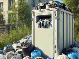 a container that usually in France receive used clothes. It's in the center of the image in a hyperrealistic type and 1920 x 700 px. In front, there is many bags piled up, themselves containing used clothes
