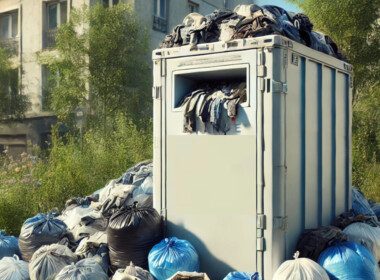 a container that usually in France receive used clothes. It's in the center of the image in a hyperrealistic type and 1920 x 700 px. In front, there is many bags piled up, themselves containing used clothes