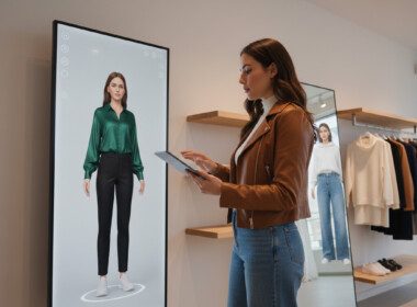 femme-observe-des-vêtements-sur--un-modèle-3d