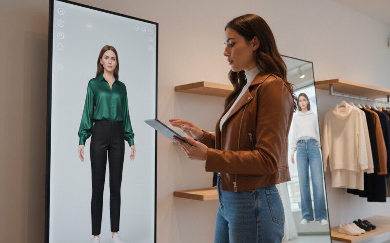 femme-observe-des-vêtements-sur--un-modèle-3d