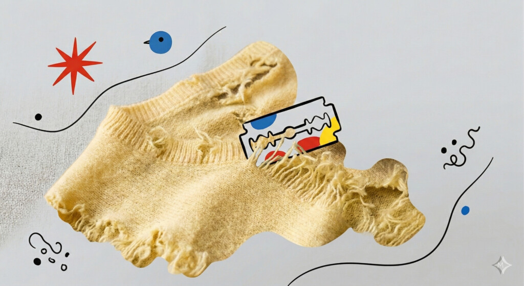 pull-en-cachemire-jaune-décousu-par-une-lame-de-rasoir